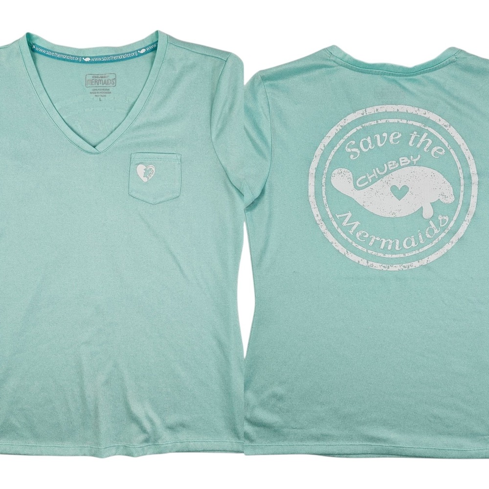 Save The Mermaids Chubby Mermaids T-Shirt Juniors Large Aqua Form Fit